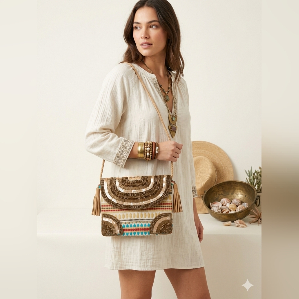 New Embellished Beaded Crossbody Bag in Beige & Turquoise